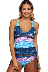 Maillot de bain tankini Summer Waves à blocs de couleurs et dos croisé noué sur le côté