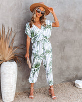 Sunset View Pocketed Palm Print Striped Jumpsuit - Blue
