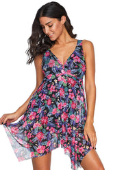 V Neck Floral Swimdress One Piece Swimsuit