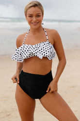 Maillot de bain taille haute à volants et dos nu style bohème rétro à pois blancs et noirs