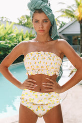 White Yellow Floral Print Bandeau Smocked High Waist Bikini Set