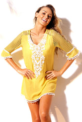 Yellow Crochet Pom Pom Trim Beach Tunic Cover up
