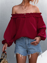 Solid Color One Shoulder Lantern Sleeve T-Shirt Top
