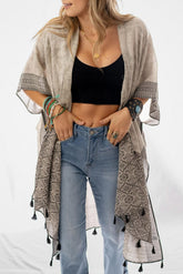 Khaki Printed Border Tassel Trim Slit Kimono