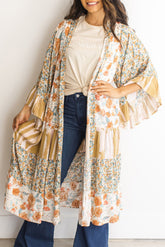 Kimono long multicolore à manches larges et imprimé floral mixte