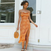 Robe fleurie à bretelles spaghetti et fente haute Alina