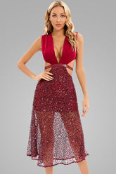 Sparkly Deep V Sequin Embellished Cutout Cocktail Midi Dress - Burgundy
