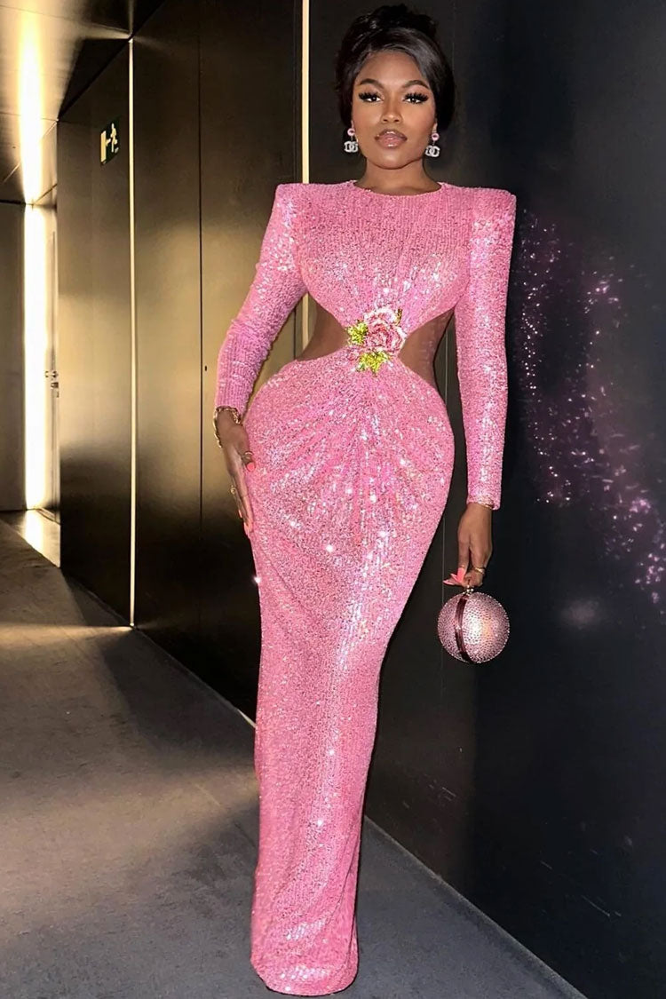 Sparkly Rhinestone Flower Puff Sleeve Cut Out Sequin Maxi Dress - Pink Orro Shop Sparkly Rhinestone Flower Puff Sleeve Cut Out Sequin Maxi Dress - Pink Orro Shop