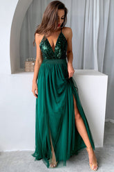 Robe longue de soirée à paillettes scintillantes, décolleté plongeant en V, dos nu et fente haute - Vert