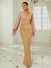 Temperament Wedding V-neck Long-sleeved Sequined Party Bag Hip Fishtail Evening Dress