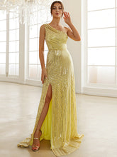 Slanted Shoulder Sequined Party Split Fishtail Small Tail Evening Dress