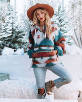 Teja Woven Hoodie mit halbem Reißverschluss und Taschen - Blaugrün/Multi