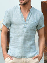 Stehkragen, geknöpft, halboffen, einfaches Kurzarmhemd