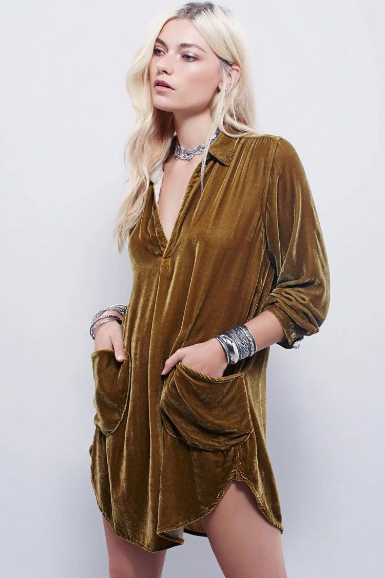 Vintage Collared V Neck Long Sleeve Velvet Mini Dress - Khaki Orro Shop Vintage Collared V Neck Long Sleeve Velvet Mini Dress - Khaki Orro Shop