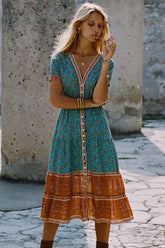 Vintage Floral Print Empire Waist Boho Dress - Teal Blue