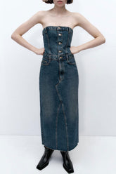 Robe longue vintage en jean délavé, sans bretelles, fendue dans le dos et à demi-boutons - Bleu