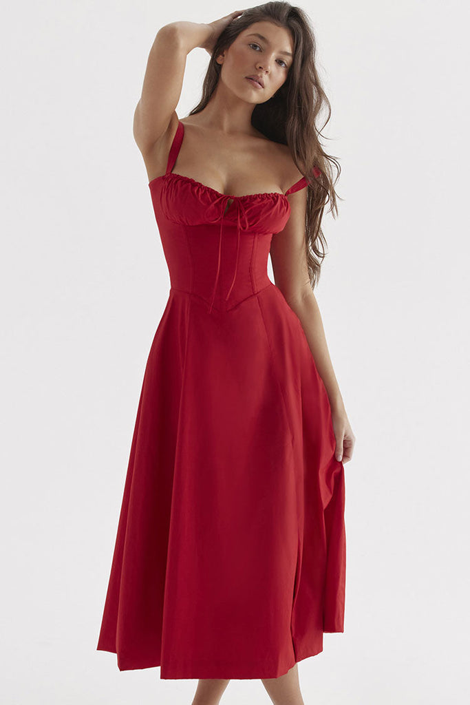 Vintage Tie Front Lace Up Back Fit & Flare Split Midi Sundress