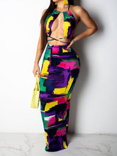 Women ColorBlock Halter Bandage Crop Top & Maxi Dress Sets