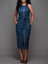 Women Elegant Sleeveless Denim Jean Dress with Zipper Belt
