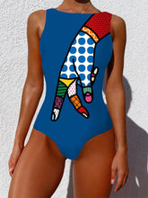 Women One Piece Graffiti Abstract Print Patchwork High Neck Sleeveless Slimming Swimsuit