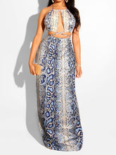 Women Snakeskin Halter Bandage Crop Top & Maxi Dress Sets