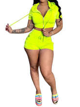 Women Solid Color Lapel Zipper Crop Top & Shorts Two-piece Outfits