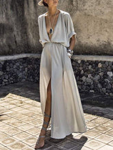 Solid V-Neck Mid-Sleeve Slit Dress