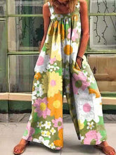 Vintage Print Loose Suspenders Wide-Leg Jumpsuit