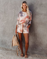 World Of Comfort Pocketed Tie Dye Knit Shorts - Coral/Taupe