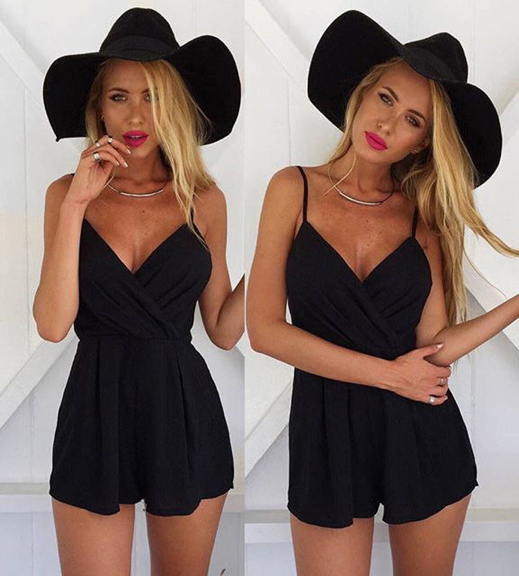 Solid Pocket Backless V Neck Jumpsuits