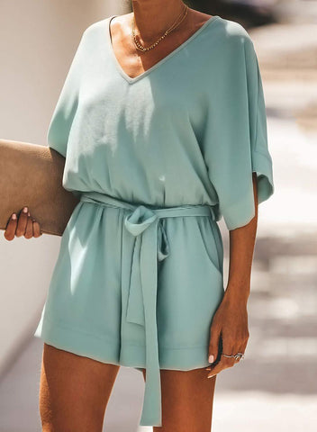 Spring Scene Pocketed Tie Romper - Clean Blue