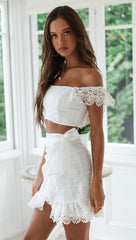 White Floral Appliques Top & Skirt Two-Piece Set