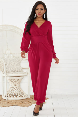 V-Neck Puff Sleeve Solid Jumpsuit