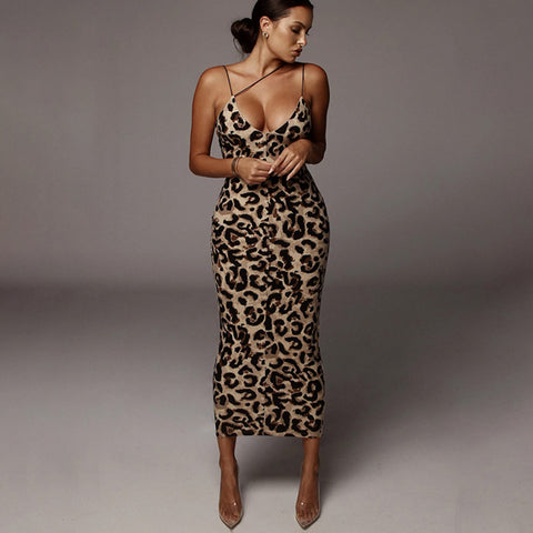 Leopard Print Sleeveless V Neck  Midi Dress