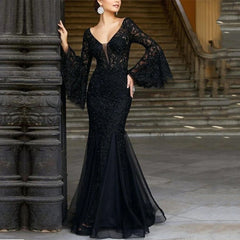 Solid Lace Hollowed Out Split Joint V Neck Evening Dress Dresses