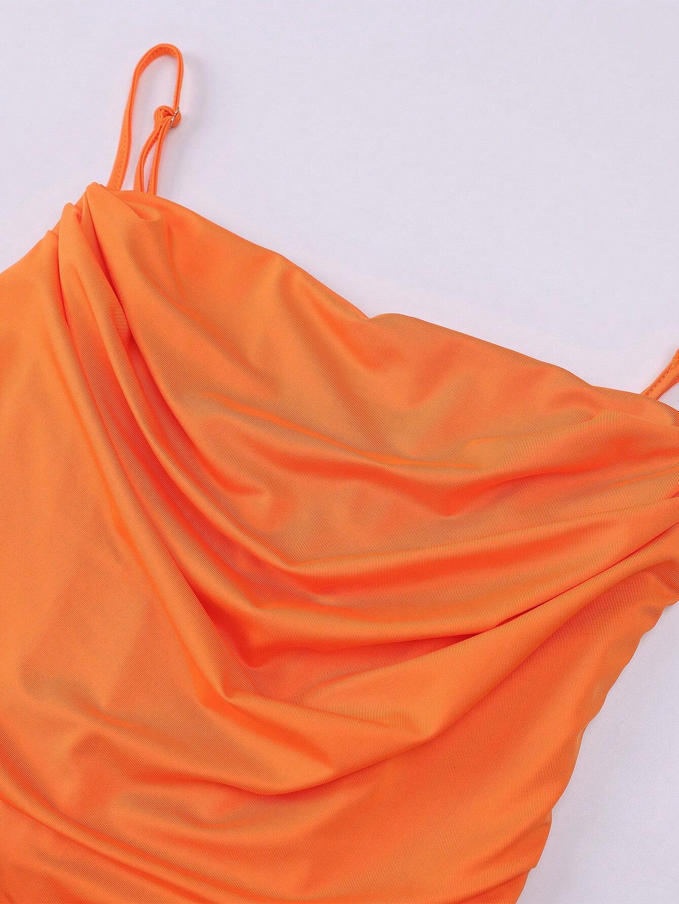 Vintage Square Neck Ruched Corset Fishtail Evening Maxi Dress - Orange Color