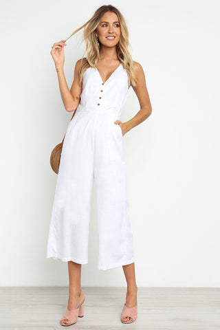 V-Neck Button Bare Back Wide-Leg Jumpsuit