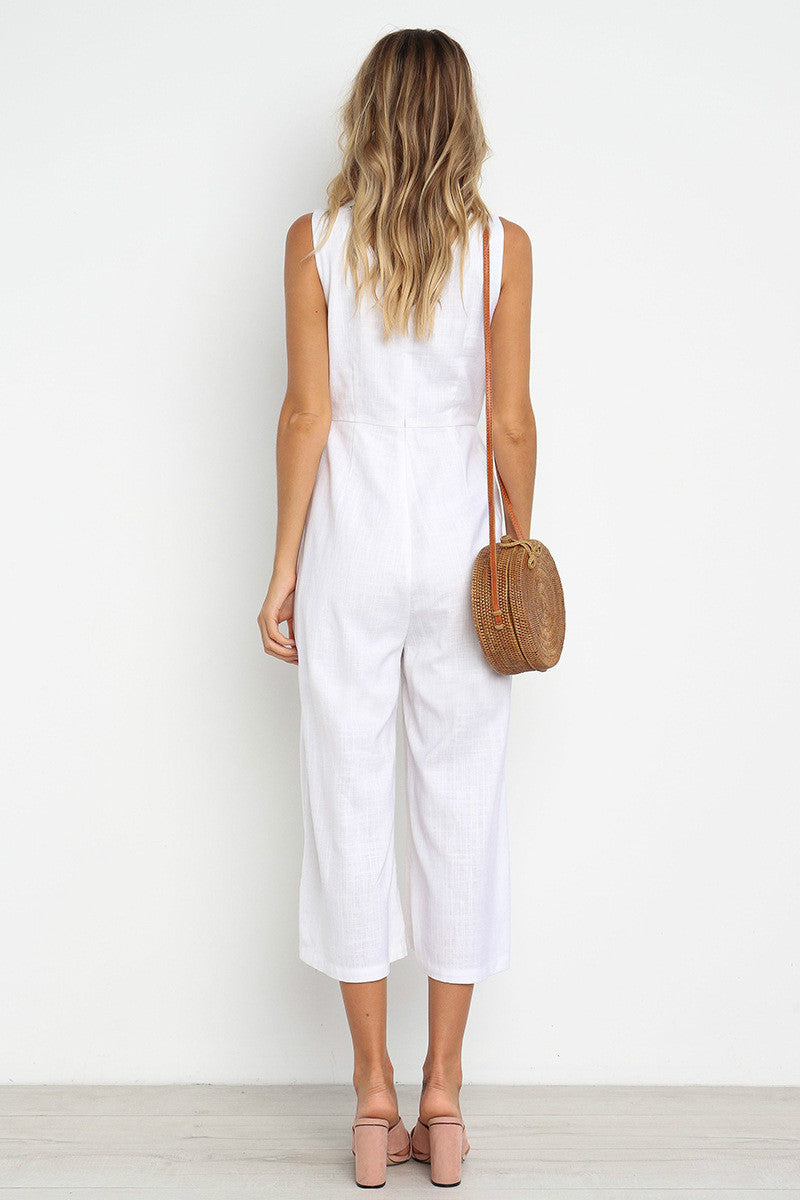 V-Neck Button Bare Back Wide-Leg Jumpsuit