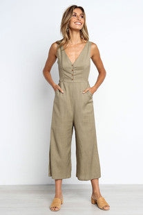 V-Neck Button Bare Back Wide-Leg Jumpsuit