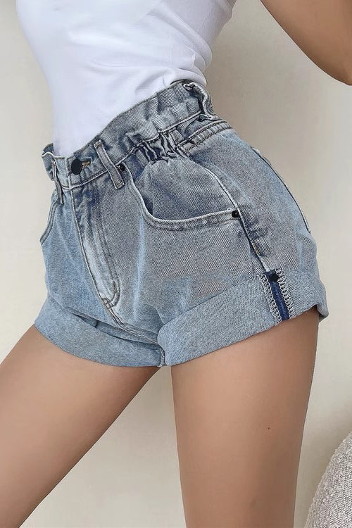 Retro High Waist Rolled Hem Loose Denim Shorts