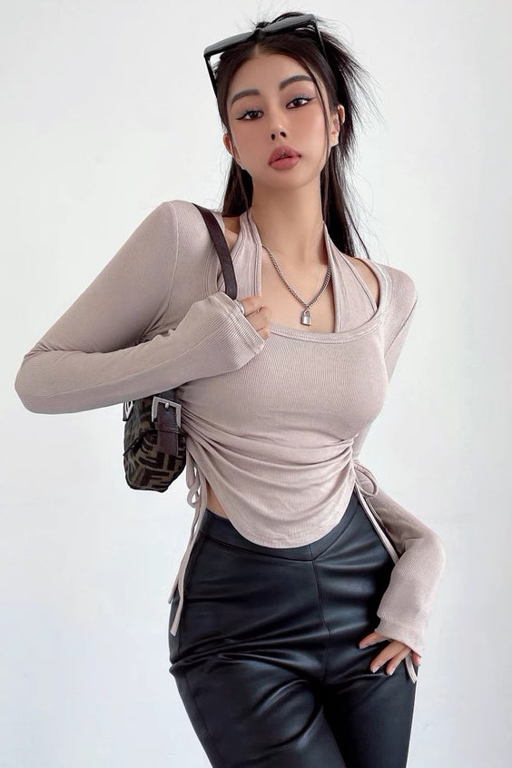 Halter Long Sleeve T-shirt Tight Short Bottom Tops