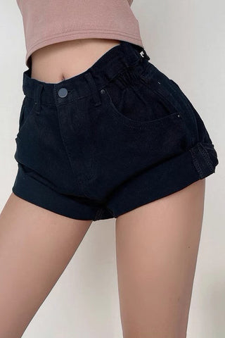 Retro High Waist Rolled Hem Loose Denim Shorts