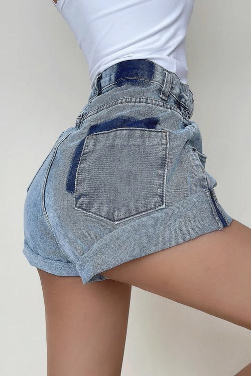 Lockere Retro-Jeansshorts mit hoher Taille und gerolltem Saum