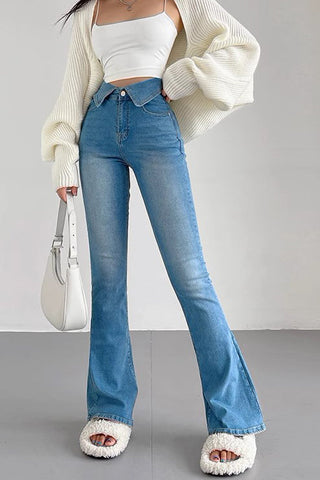 Pantalon en jean taille haute élastique à revers