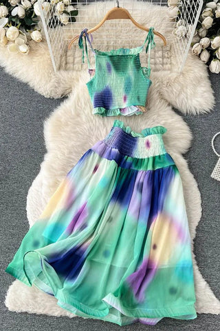 Set Tie Dye Print Short Strap Cami Tops + High Waist Skirts Beach Two Piece Suits