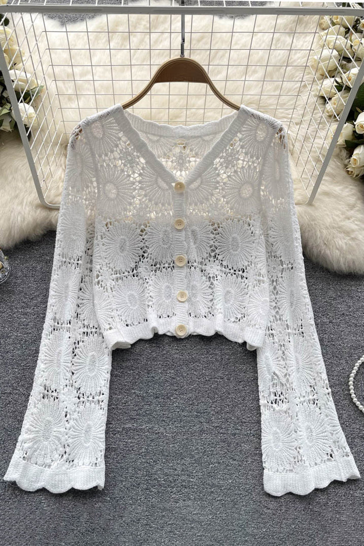 Sunscreen Floral Cardigans V Neck Long Sleeves Loose Knitted Top Beach Vacation Blouse