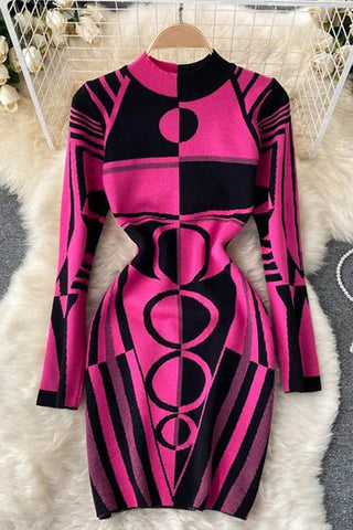 Knitted Bodycon Dress Geometric Long Sleeve Elegant Ladies Dress