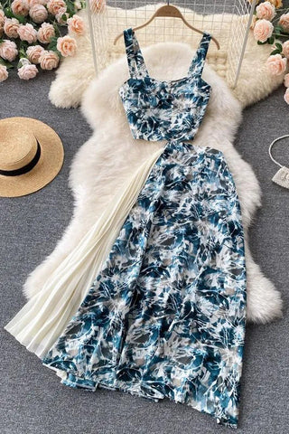 Set Floral Print Pleated Long Skirts + Straps Short Tops Vacation Two Piece Suits