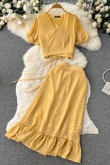 Set Polka Dot Bandage Crop Tops + High Waist Ruffle Skirts Female Two Piece