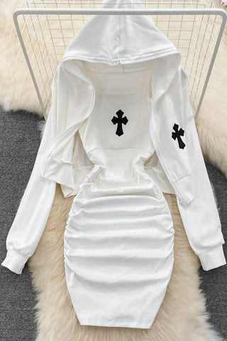 Ensemble mini-robe portefeuille et manteau court à capuche à manches longues deux pièces